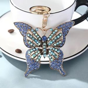 Stunning Dark Blue and Iridescent Crystal Butterfly Keychain Charm